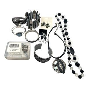 Women's Jewelry Lot Black and Silver Bracelets Ring Necklaces Earrings Hair Pins